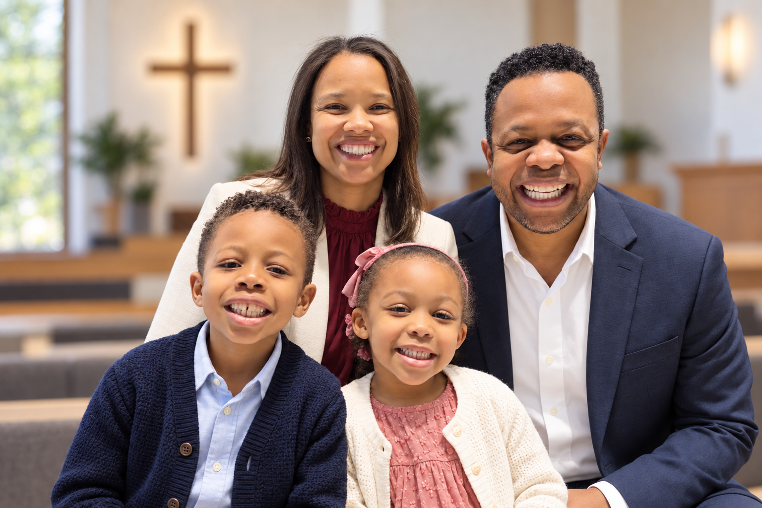 El pastor Alex Fleming con Indhira y sus hijos